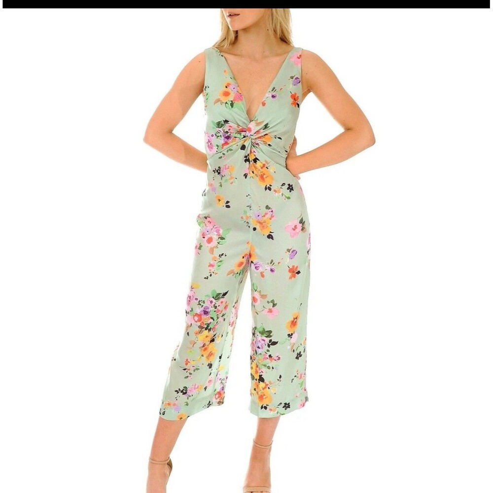 Zara Green Floral Satin Jumpsuit Size Medium